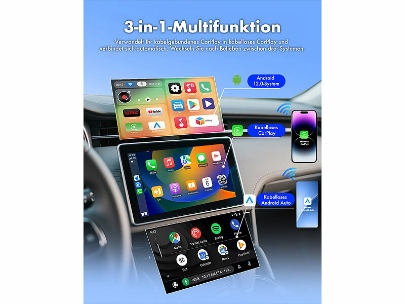 ; Wireless CarPlay- und Android-Auto-Adapter mit Dual-WLAN, Bluetooth und Android Wireless CarPlay- und Android-Auto-Adapter mit Dual-WLAN, Bluetooth und Android 
