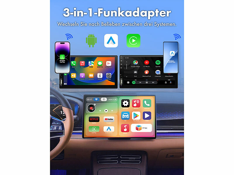 ; Wireless CarPlay- und Android-Auto-Adapter mit Dual-WLAN, Bluetooth und Android Wireless CarPlay- und Android-Auto-Adapter mit Dual-WLAN, Bluetooth und Android 